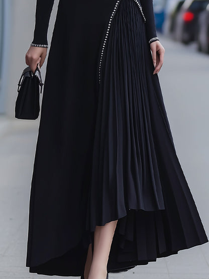 Black High-Neck Long Sleeve Dress With Pleated Asymmetrical Skirt