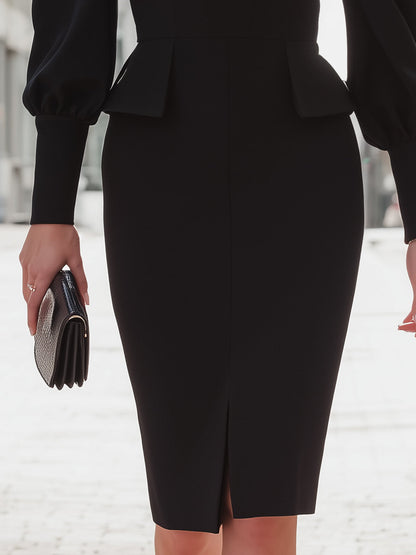 Elegant Black Peplum Midi Dress With Puff Sleeves