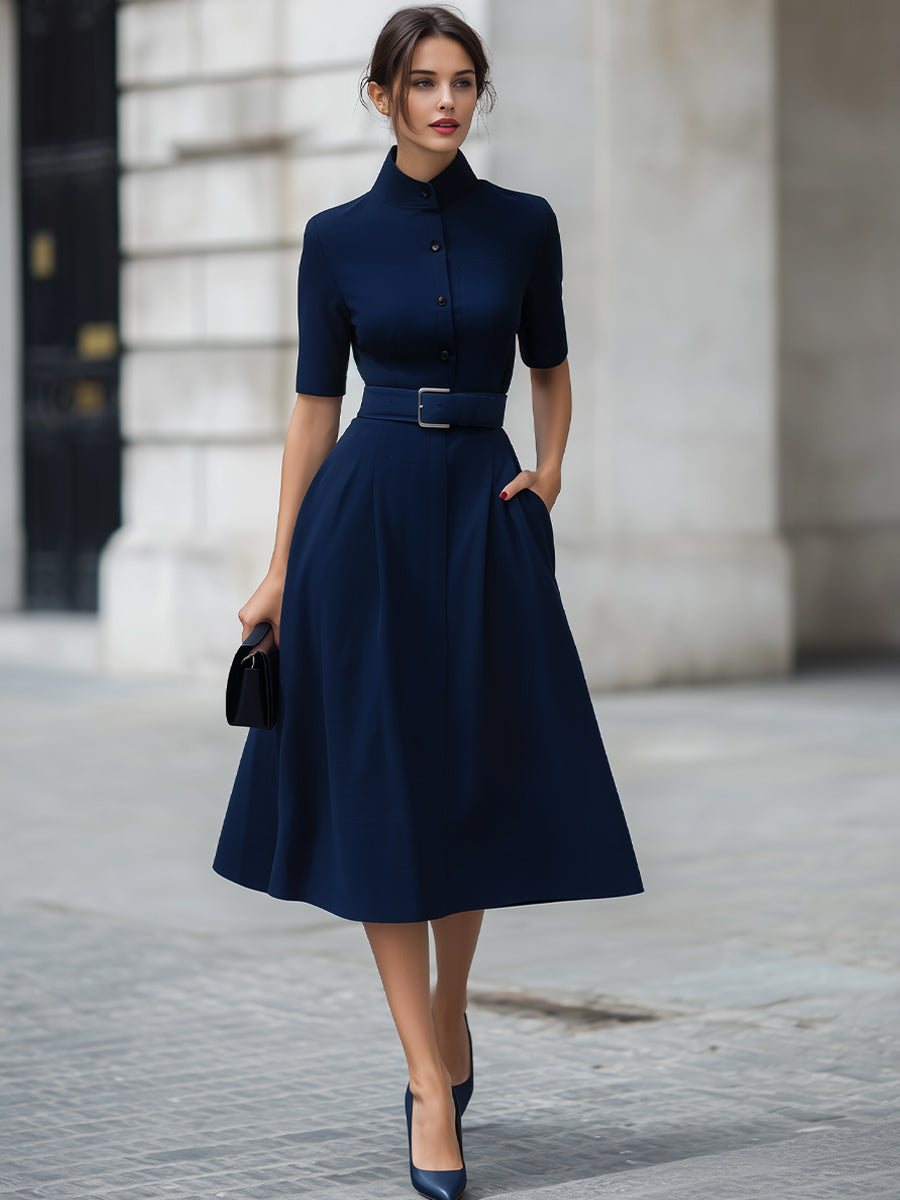 Navy High Neck Short Sleeve Belted Fit-and-Flare Midi Dress