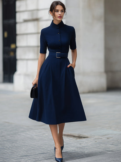 Navy High Neck Short Sleeve Belted Fit-and-Flare Midi Dress