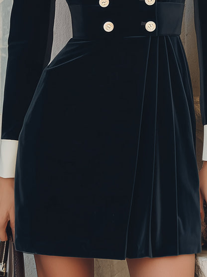 Black Velvet Contrast-Lapel Double-Breasted Blazer Dress
