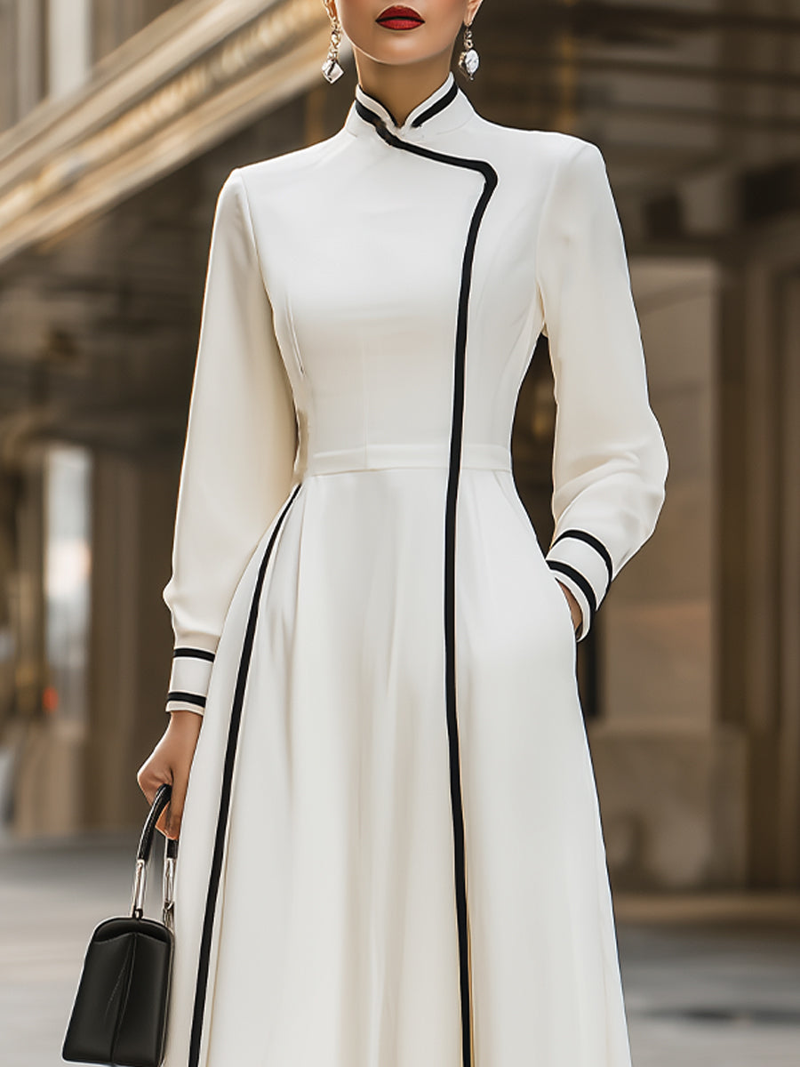 Elegant Mandarin - Collar Maxi Dress With Black Trim