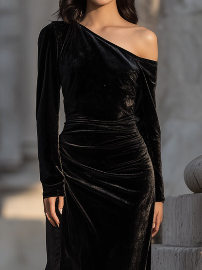 VOS LEE One-Shoulder Black Velvet Cocktail Dress