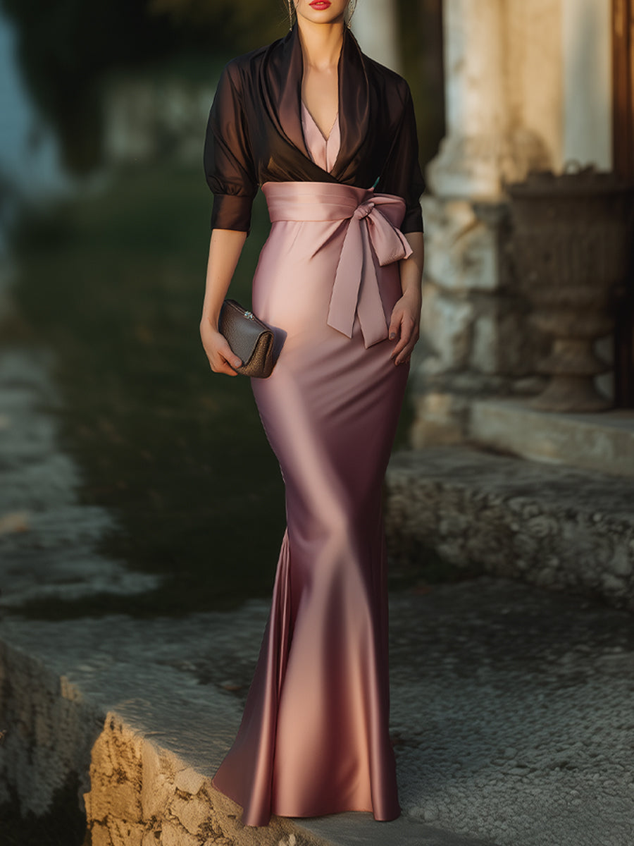 Elegant Draped Evening Gown With Sheer Shawl Overlay
