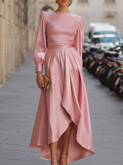Elegant Satin Long-Sleeve High-Low Evening Dress