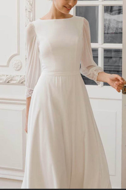 Boat Neck Three-Quarter Sleeve Chiffon Midi Wedding Dress Modest Casual Bridal Gown