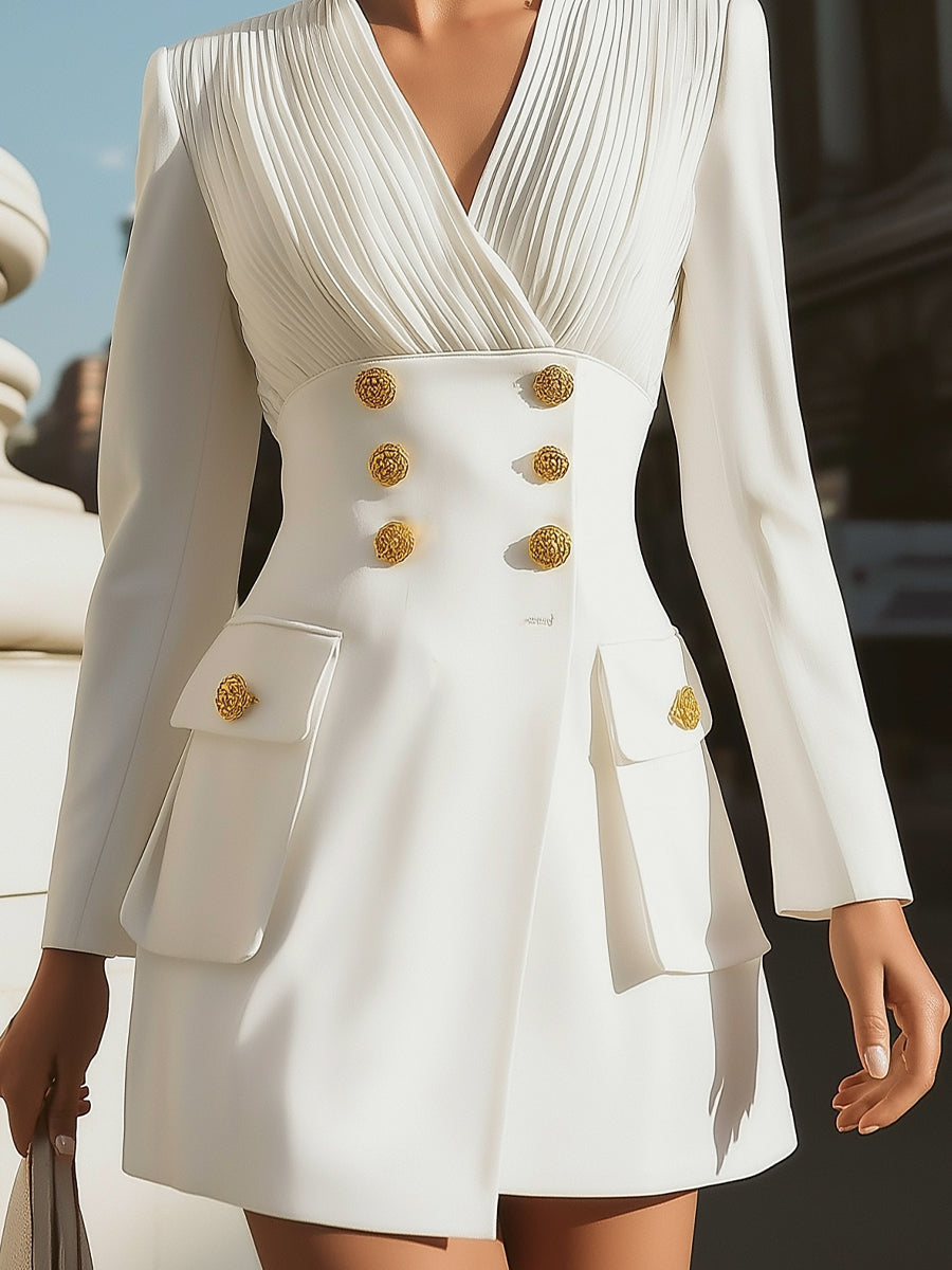 White Pleated Bodice Blazer Dress With Gold Buttons