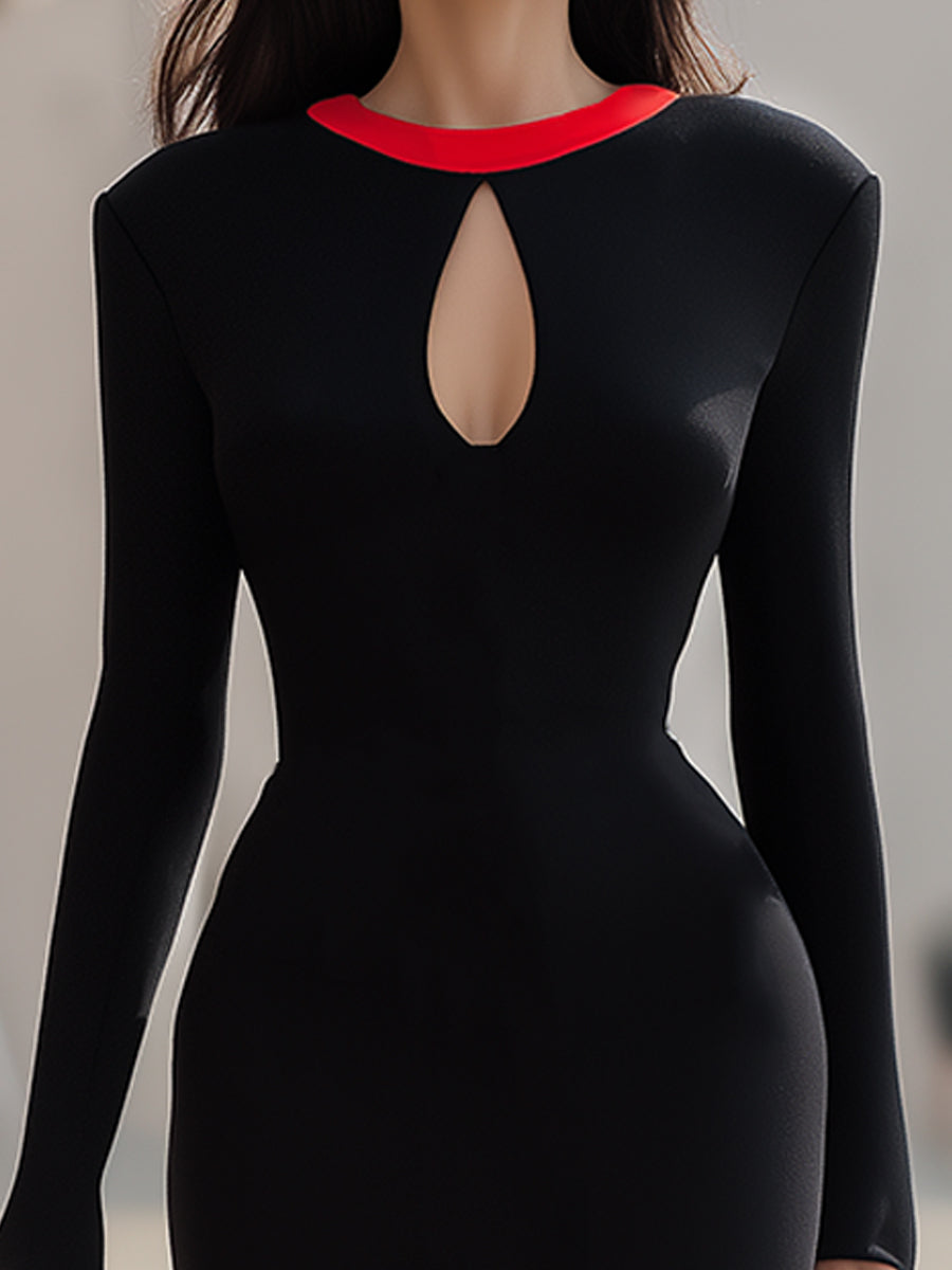 Elegant Bodycon Midi Dress With Red Collar And Keyhole Detail