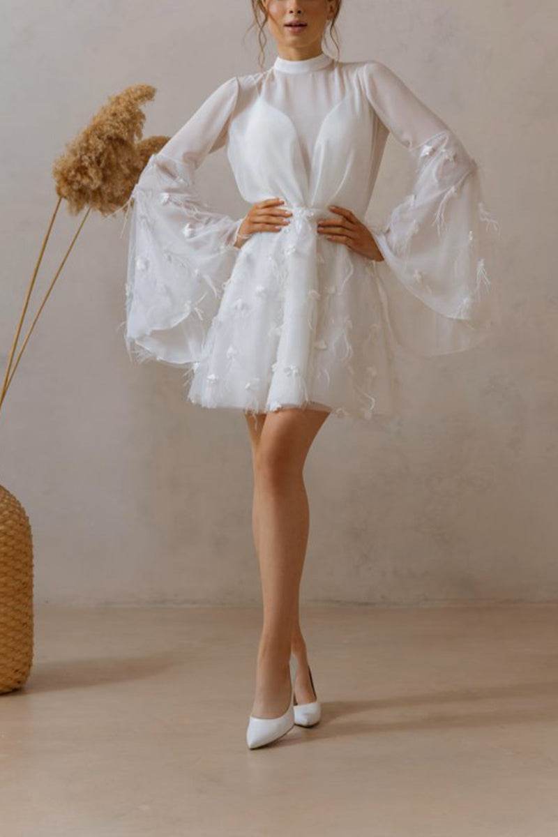 Exquisite White Mesh Mini Dress with 3D Floral Appliqué & Flared Sleeves