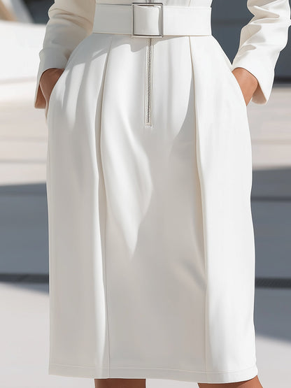 Elegant Stand Collar Zip-Up Belted Midi Dress