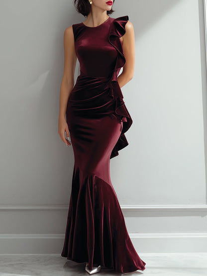 Sleeveless Burgundy Velvet Ruffle Mermaid Gown