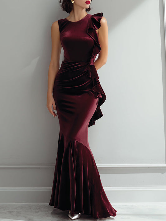 Sleeveless Burgundy Velvet Ruffle Mermaid Gown