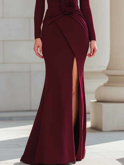 Burgundy Long-Sleeve Evening Gown With Rose Detail