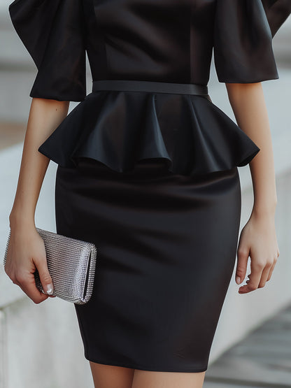 Cold-Shoulder Structured Sleeves Peplum Satin Dress