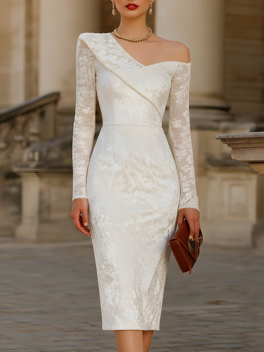 One-Shoulder Lace-Sleeve Jacquard Midi Dress