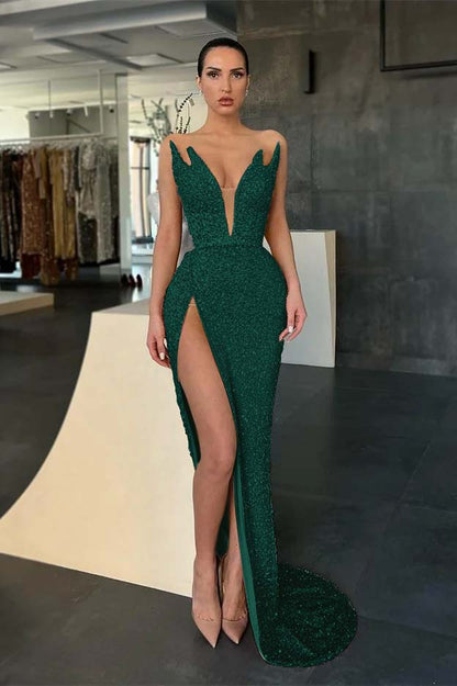 Sleeveless Strapless Evening Dress Sequins Mermaid With Split