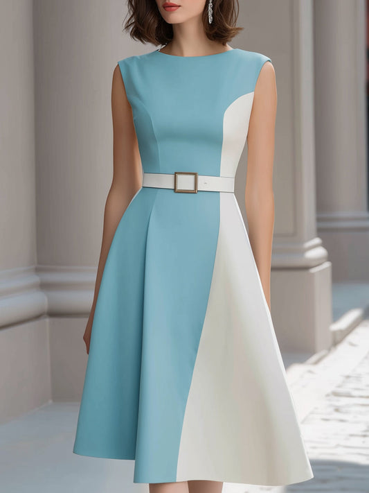 Colorblock Belted Sleeveless A-Line Midi Dress