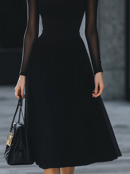 Sheer-Sleeve High-Neck A-Line Midi Dress