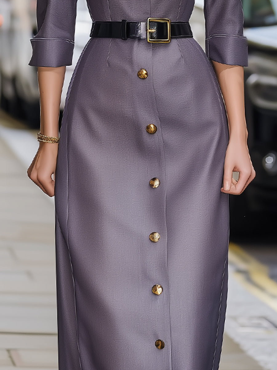 Purple Gray Belted Shirt Dress With Gold Button Detail