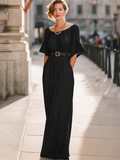 Draped Neckline Batwing Sleeve Belted Maxi Dress