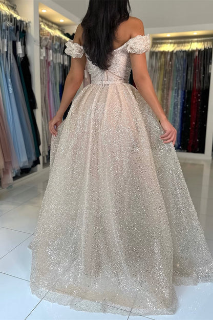 Off-the-Shoulder Sweetheart Evening Gowns Sequins Long With Detachable Overskirt