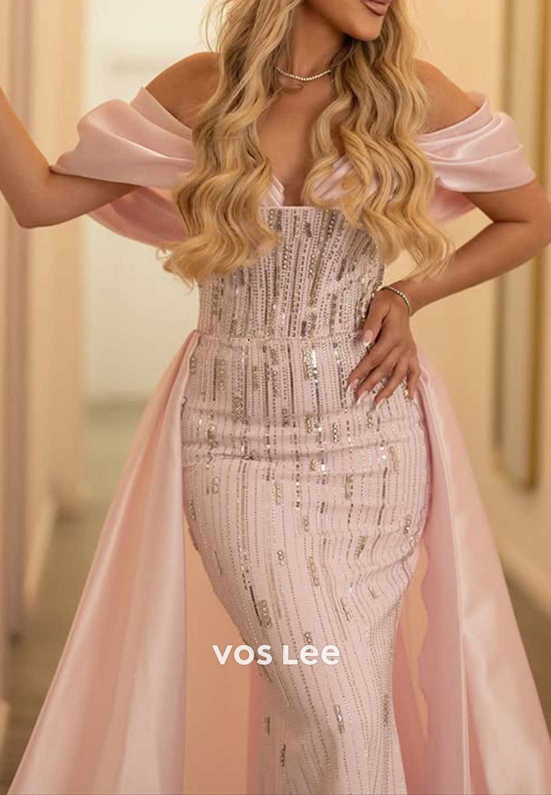 Pink Mermaid Sweetheart Overskirt Beaded Evening Dress Off Shoulder Formal Gown