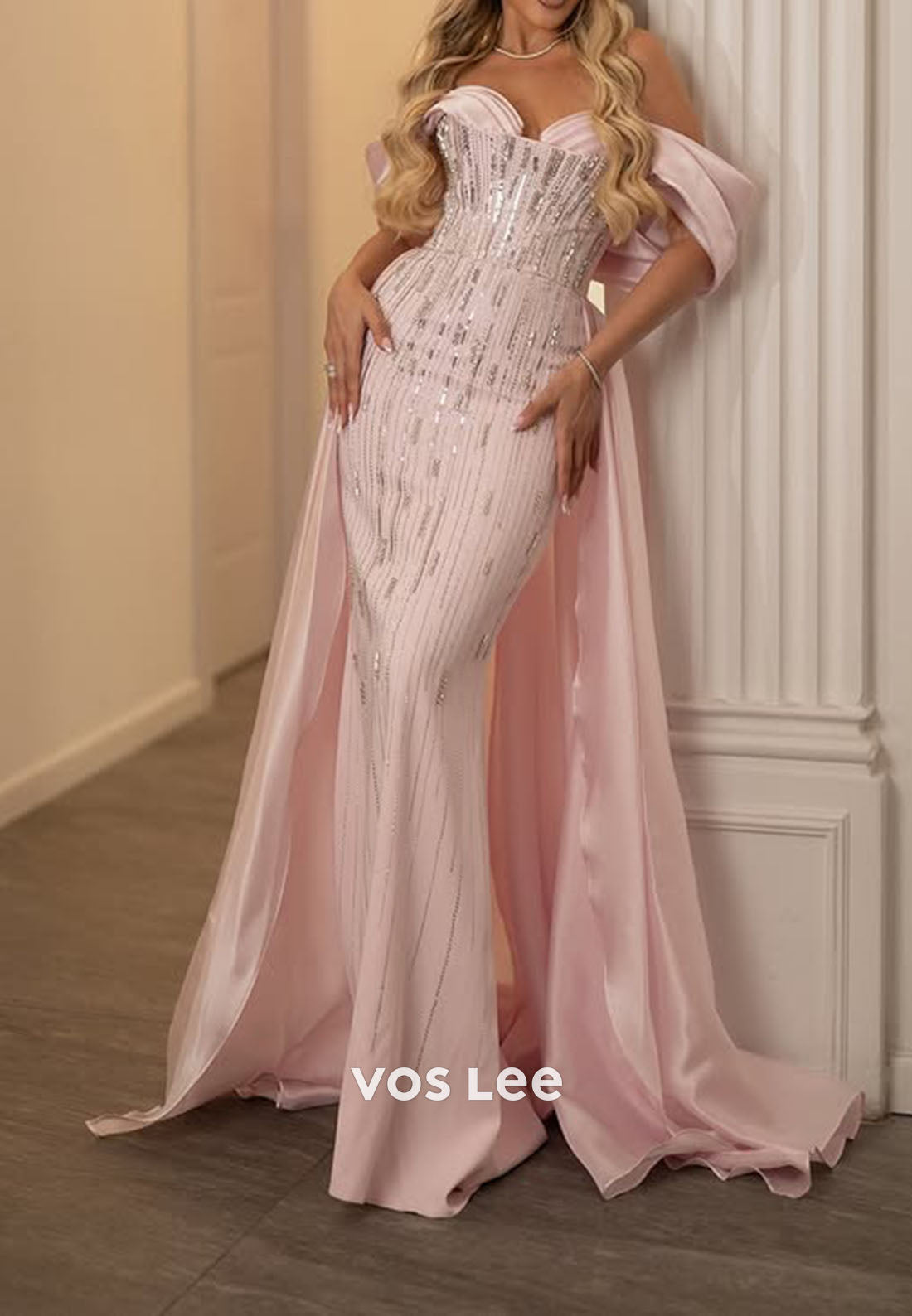 Pink Mermaid Sweetheart Overskirt Beaded Evening Dress Off Shoulder Formal Gown