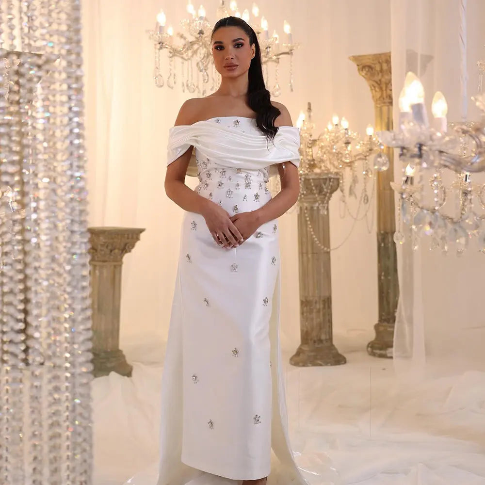 Sky Blue Off Shoulder Beaded Formal Evening Gown for Special Occasion
