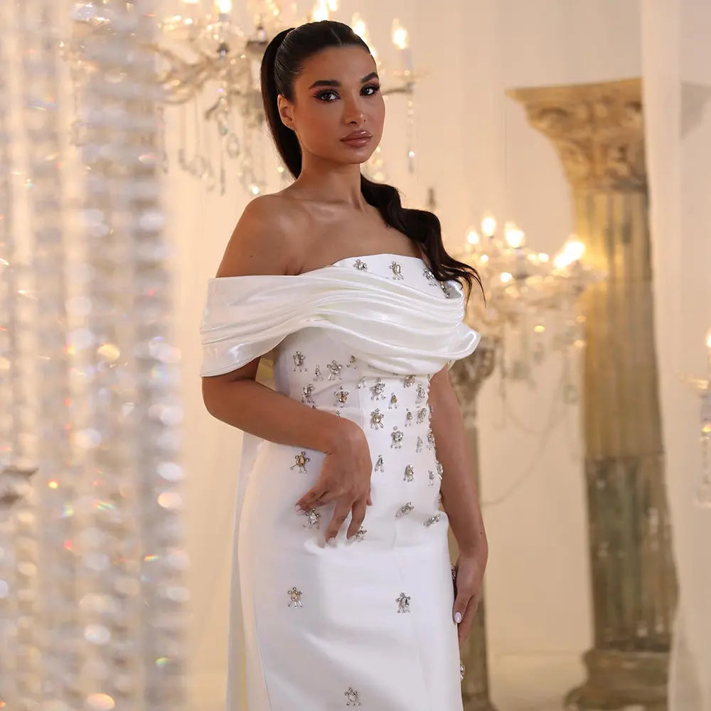 Sky Blue Off Shoulder Beaded Formal Evening Gown for Special Occasion