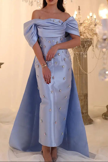 Sky Blue Off Shoulder Beaded Formal Evening Gown for Special Occasion