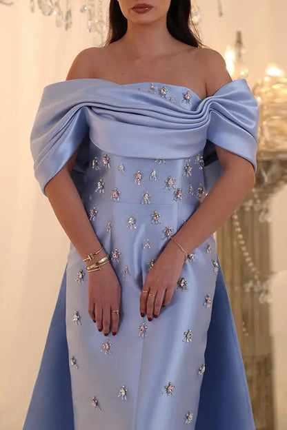 Sky Blue Off Shoulder Beaded Formal Evening Gown for Special Occasion