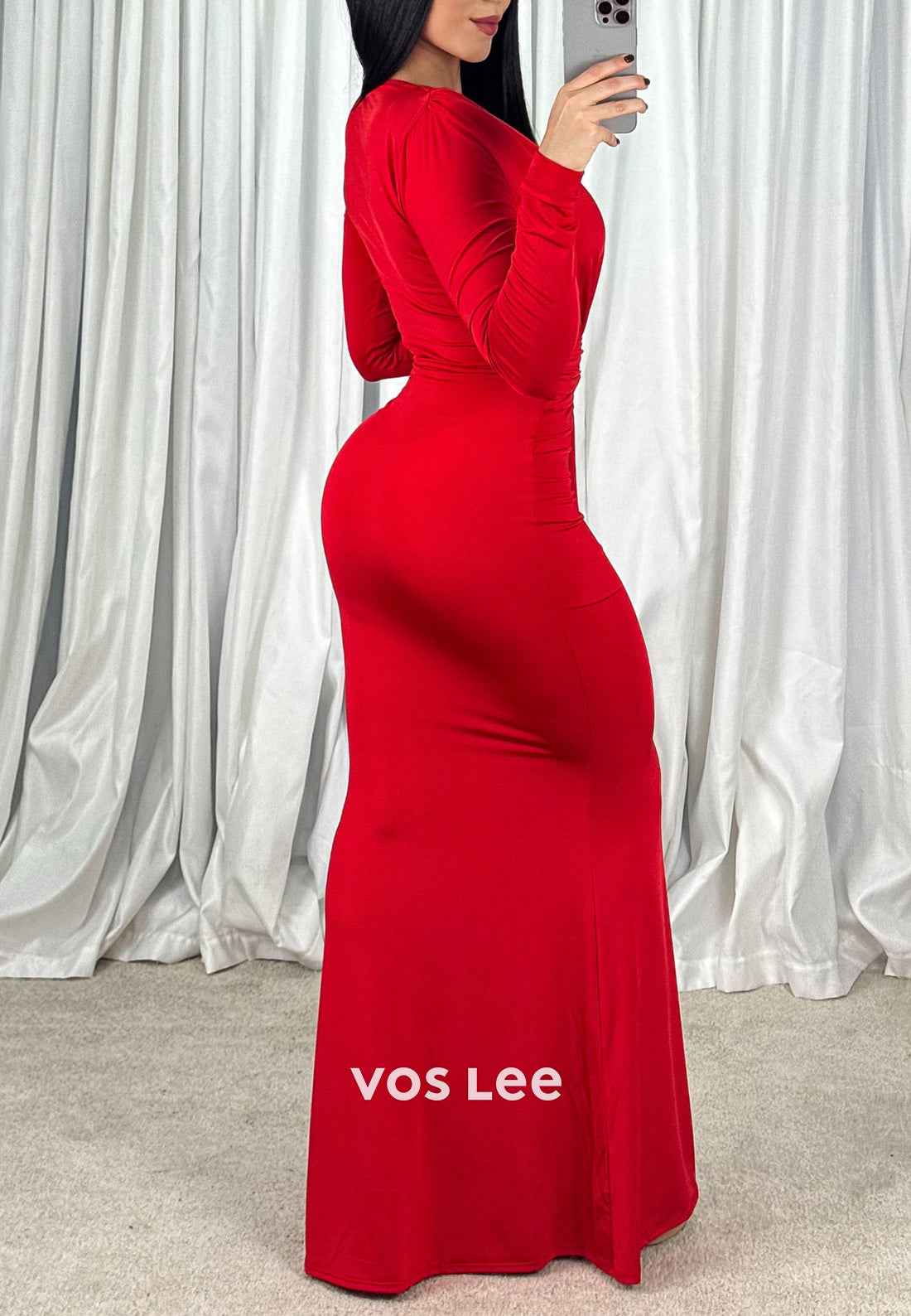 Long Sleeve V Neck Pleated Floor-Length Mermaid Mother of Bride Dresses Evening Dresses