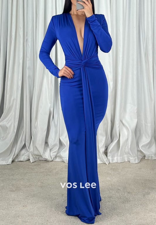 Long Sleeve V Neck Pleated Floor-Length Mermaid Mother of Bride Dresses Evening Dresses