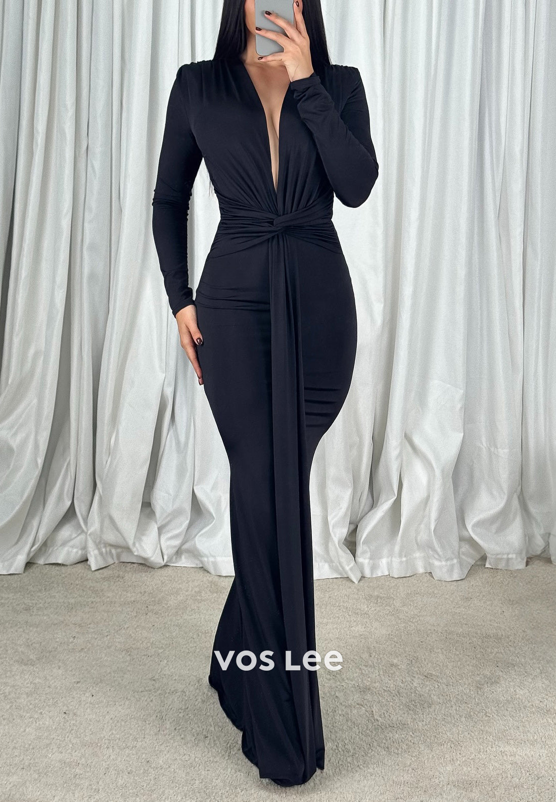 Long Sleeve V Neck Pleated Floor-Length Mermaid Mother of Bride Dresses Evening Dresses