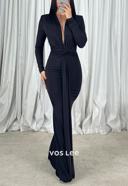 Long Sleeve V Neck Pleated Floor-Length Mermaid Mother of Bride Dresses Evening Dresses