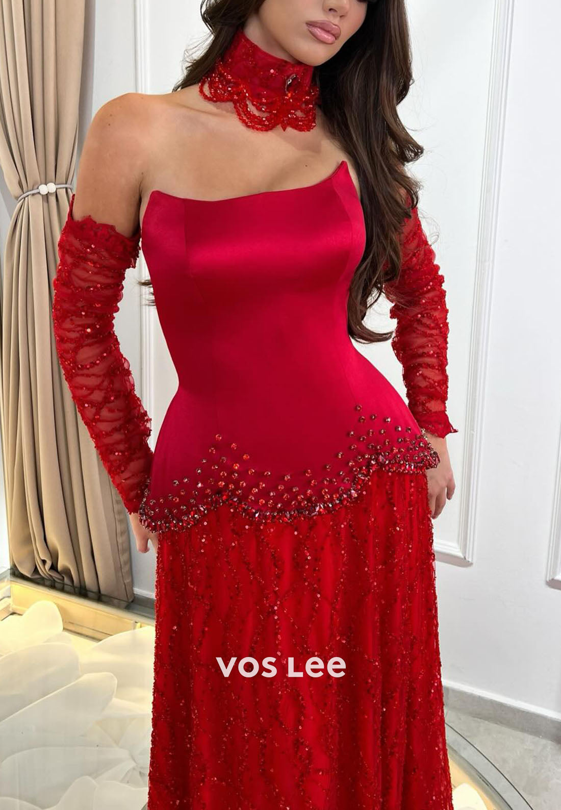 Red Strapless Lace Evening Dresses Sequin Beaded Prom Dress with Removable Sleeves