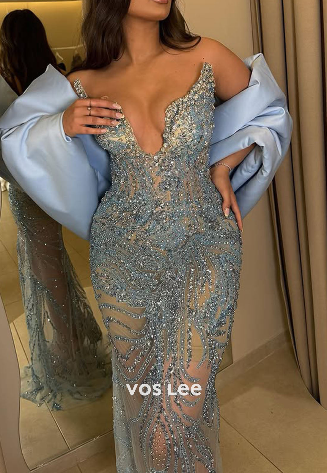 Glliter Sweetheart Sleeveless Beaded Crystals Illusion Mermaid Long Prom Dress