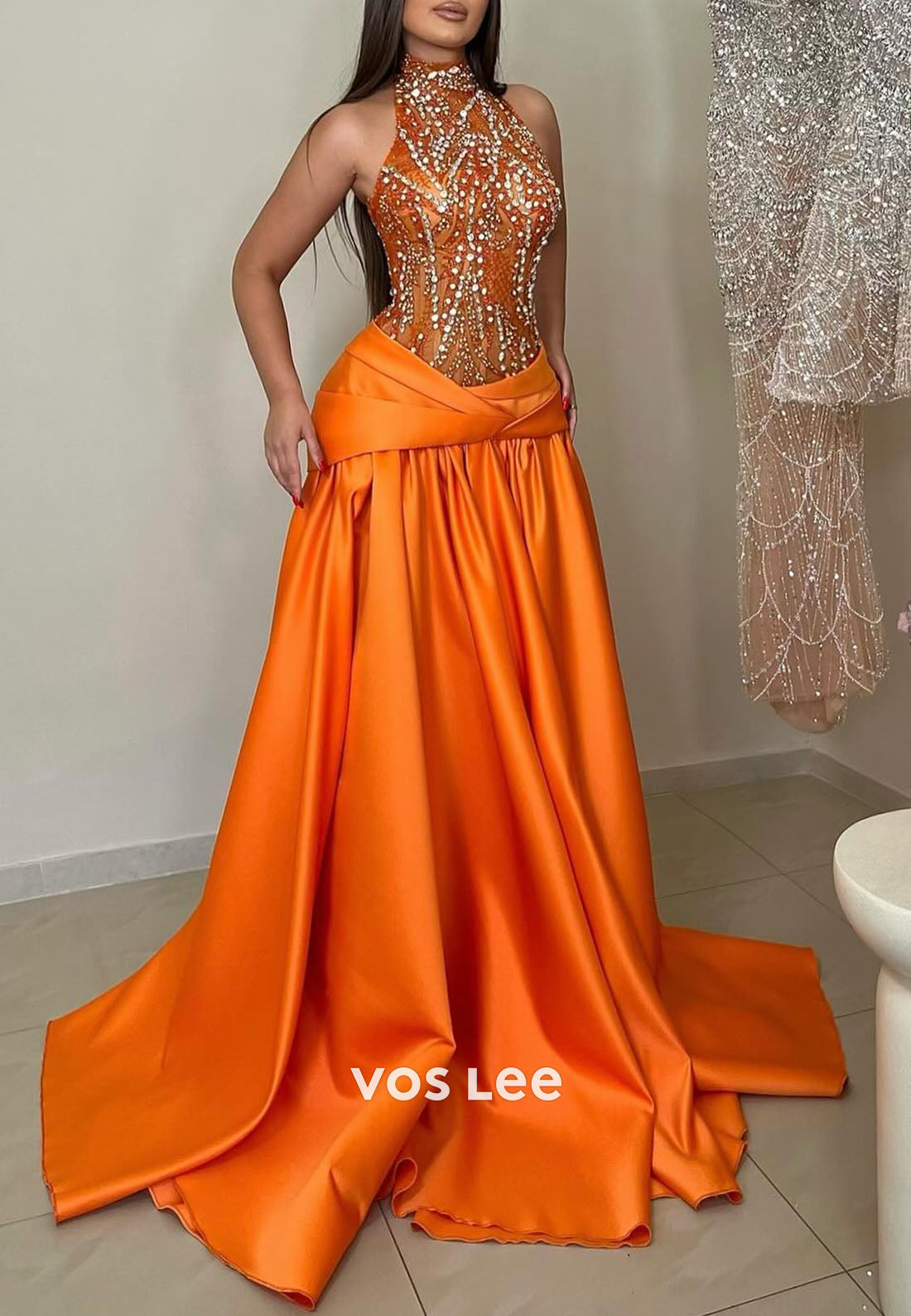 A-Line Prom Dress Sexy Orange Beads Crystal Evening Party Gowns