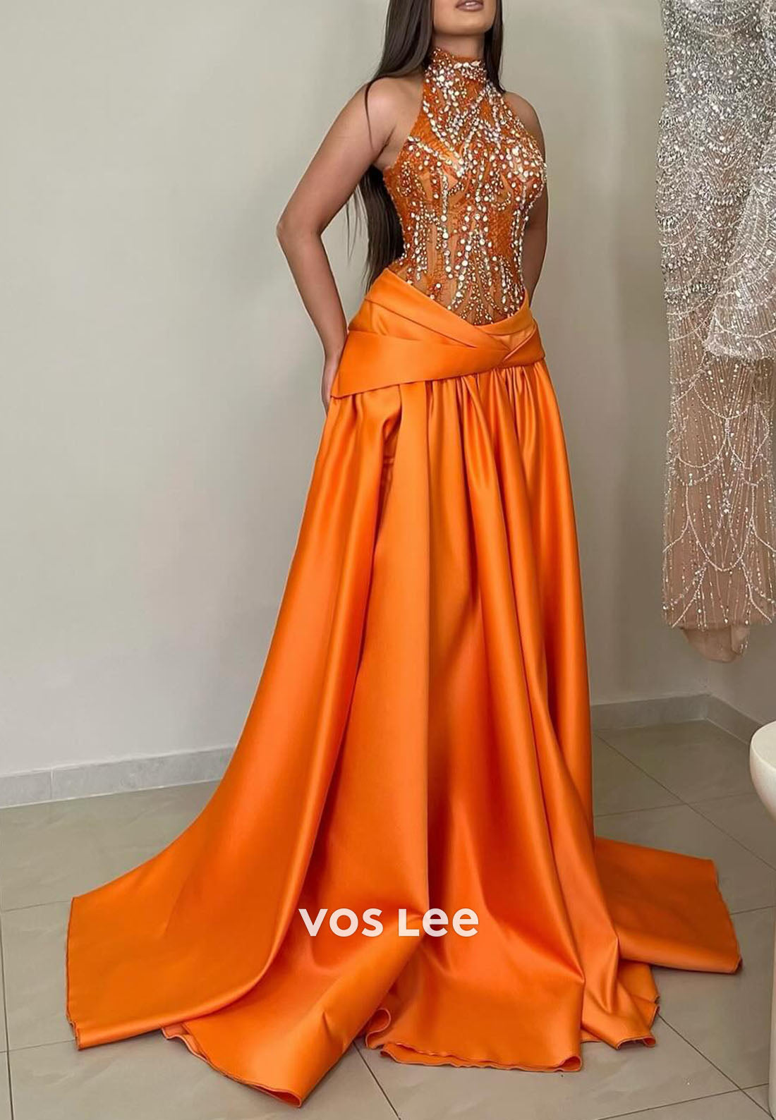 A-Line Prom Dress Sexy Orange Beads Crystal Evening Party Gowns
