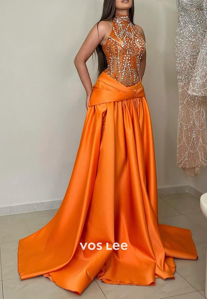 A-Line Prom Dress Sexy Orange Beads Crystal Evening Party Gowns