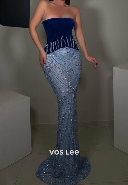Sparkling Fully Sequined Floor-Length Mermaid Evening Dress Strapless Velvet Prom Gowns