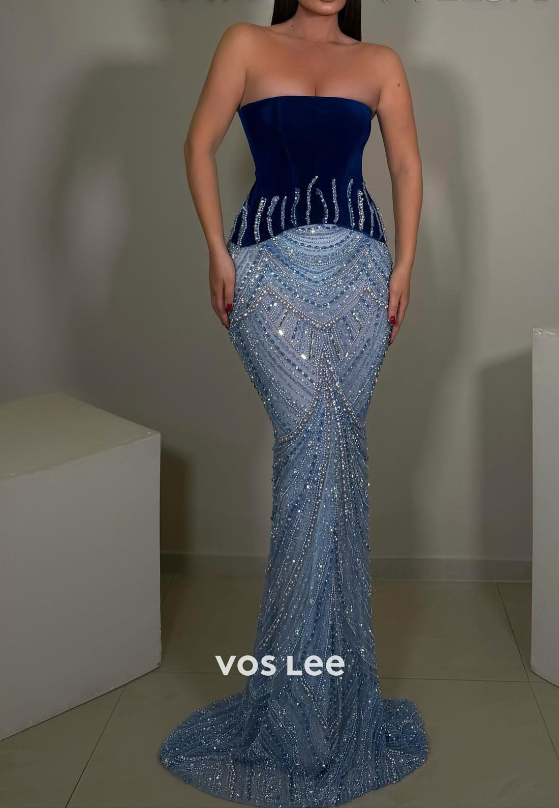 Sparkling Fully Sequined Floor-Length Mermaid Evening Dress Strapless Velvet Prom Gowns