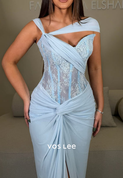 Asymmetrical-Neck Pleated Chiffon Mermaid Prom Dress Lace Evening Gowns