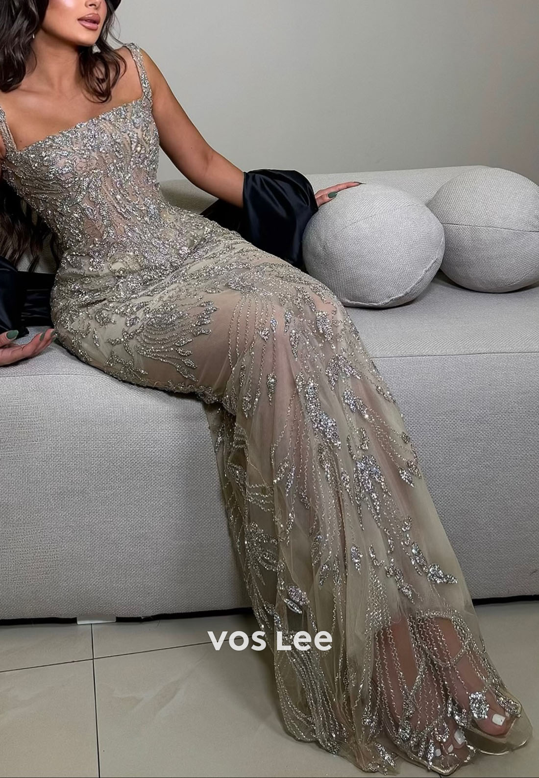 Luxury  Sheath Prom Dress Beaded Sequined Floor-Length Evening Gowns