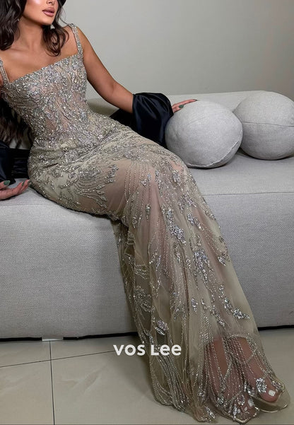 Luxury  Sheath Prom Dress Beaded Sequined Floor-Length Evening Gowns