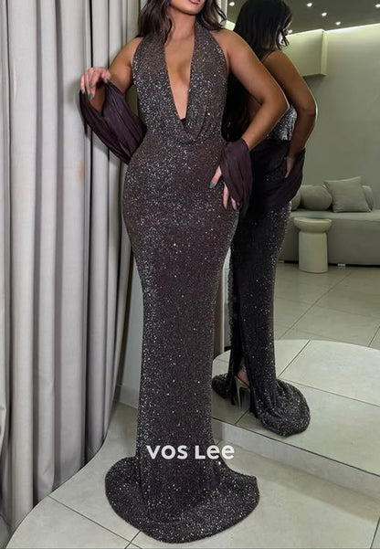 Sparkling Halter Sleeveless Floor-Length Mermaid Prom Dress cowl neck Evening Gowns