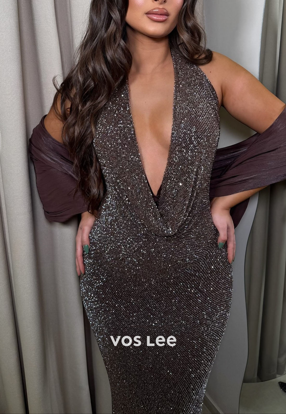 Sparkling Halter Sleeveless Floor-Length Mermaid Prom Dress cowl neck Evening Gowns