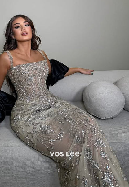 Luxury  Sheath Prom Dress Beaded Sequined Floor-Length Evening Gowns