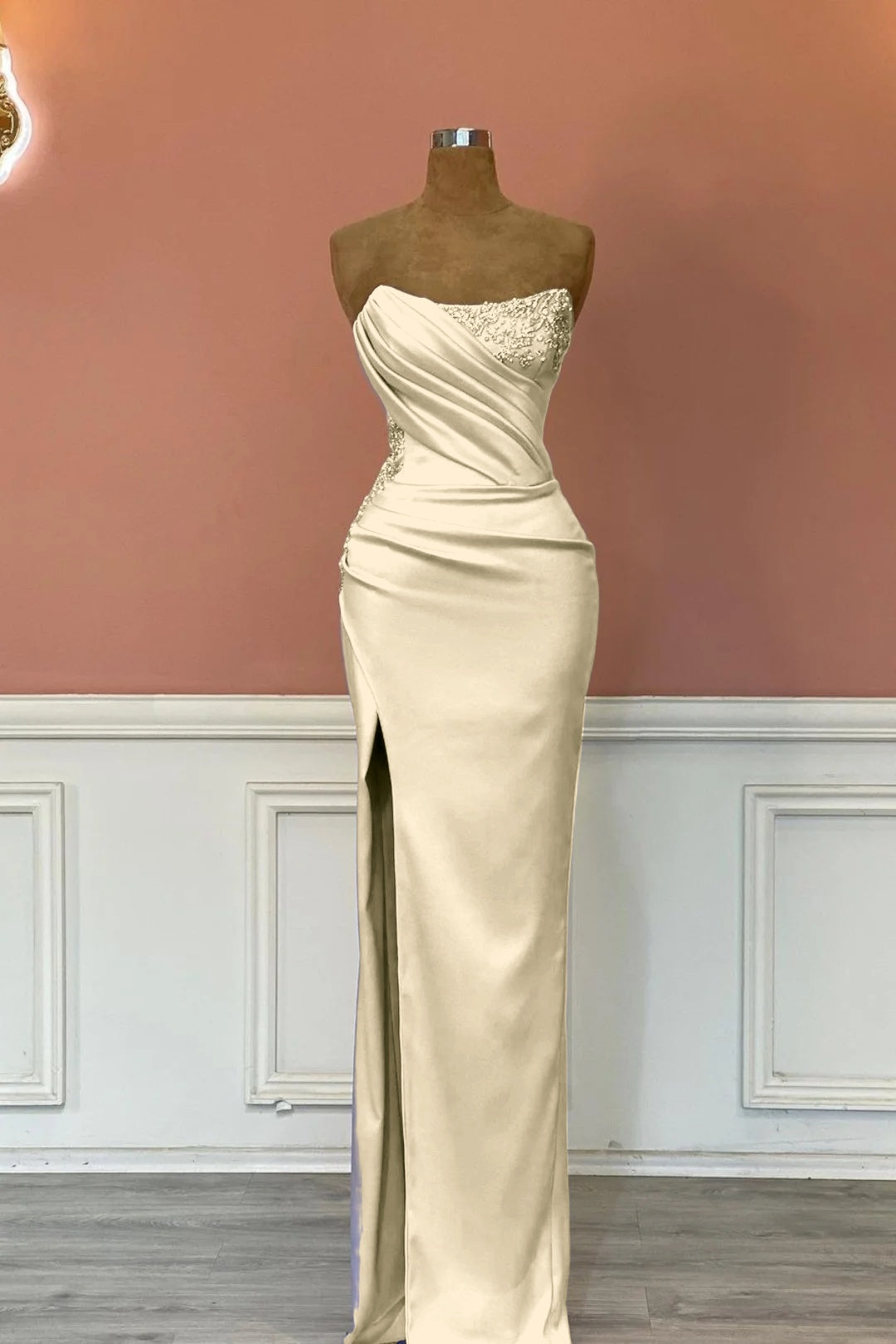 Satin Strapless Sleeveless Long Pleated Mermaid Prom Dress With Rhinstone And High Split