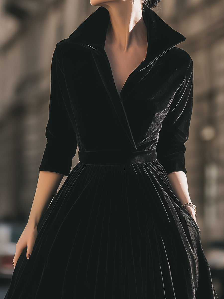Elegant Velvet Pleated Midi Coat Dress